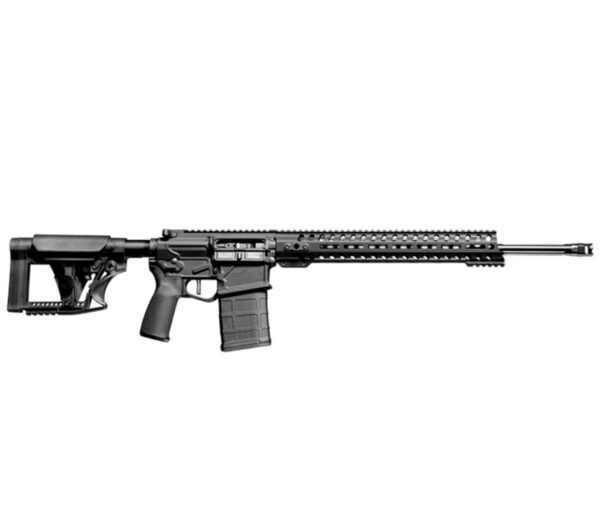Black modern semi-automatic rifle with collapsible stock, pistol grip, and long railed handguard on a white background.