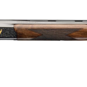 Side view of a double-barrel shotgun with a polished wooden stock and checkered grip, featuring a small emblem on the receiver.