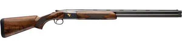 Side view of a double-barrel shotgun with a polished wooden stock and checkered grip, featuring a small emblem on the receiver.