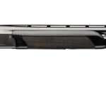 Over‑under shotgun with dark walnut stock and twin barrels viewed in profile on a white background.