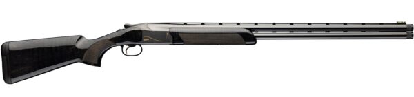 Over‑under shotgun with dark walnut stock and twin barrels viewed in profile on a white background.