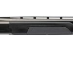 Side view of a black synthetic double-barrel shotgun with long barrels and a textured stock.