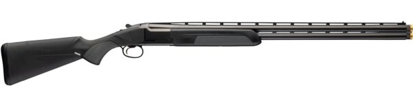 Side view of a black synthetic double-barrel shotgun with long barrels and a textured stock.