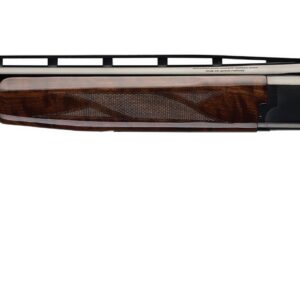 Over-under shotgun in profile with double barrels, polished wooden stock, and gold-tinted muzzle ends.