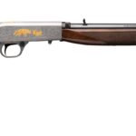 Side view of a polished wooden-stock double-barrel shotgun with gold engraving on the receiver.