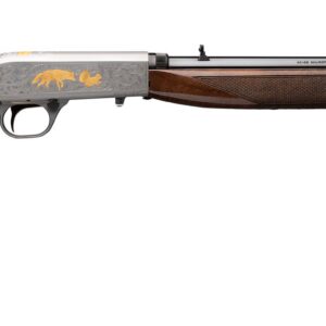 Side view of a polished wooden-stock double-barrel shotgun with gold engraving on the receiver.