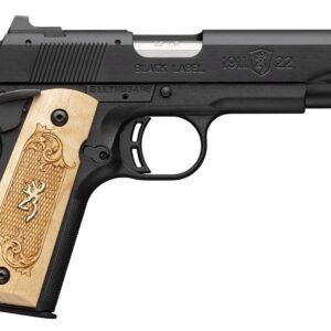 Profile view of a semi-automatic pistol: 1911-style Black Label chambered in .22 LR with light wooden grip panels engraved with decorative patterns