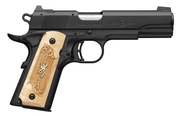 Profile view of a semi-automatic pistol: 1911-style Black Label chambered in .22 LR with light wooden grip panels engraved with decorative patterns