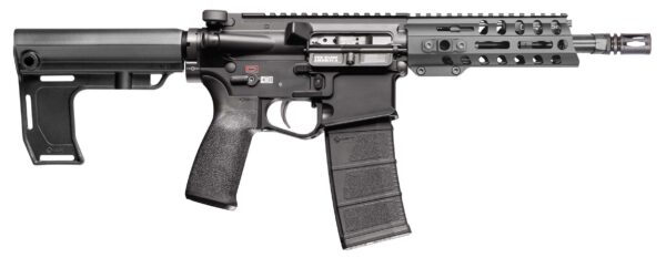 Side view of a black semi-automatic rifle with a collapsible stock, pistol grip, detachable magazine, and a long ventilated handguard with a front-mounted muzzle device.