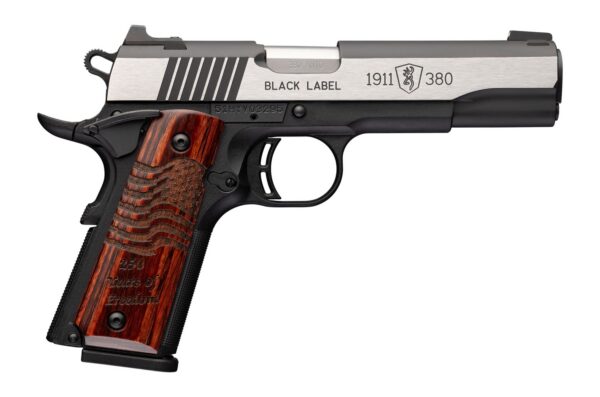 Semi-automatic pistol (1911-style) with a stainless slide and textured wooden grip engraved '250 Years of Freedom'.
