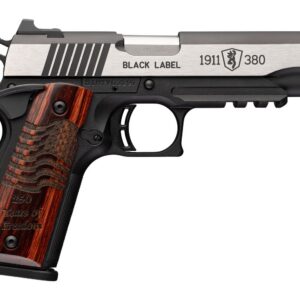 Side view of a stainless 1911-style pistol with a carved wood grip and 'Black Label' markings on the slide