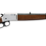 Lever-action rifle with a wooden stock and blued steel barrel photographed from the left side, showing the lever and trigger guard.