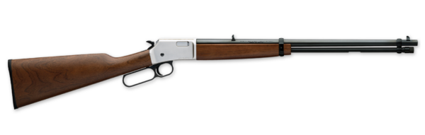 Lever-action rifle with a wooden stock and blued steel barrel photographed from the left side, showing the lever and trigger guard.