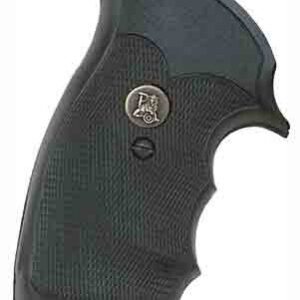 Black textured handgun grip with ergonomic finger grooves and a small screw, shown from a side view.