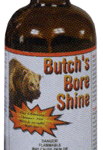 Brown glass bottle with a white cap labeled 'Butch's Bore Shine' and a bear illustration on the front; a small product image.