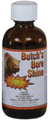 Brown glass bottle with a white cap labeled 'Butch's Bore Shine' and a bear illustration on the front; a small product image.