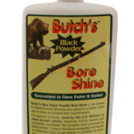 Bottle of Butch's Bore Shine Black Powder cleaner; label shows a rifle image and a bear logo on a light background.