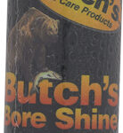 Plastic bottle labeled 'Butch's Bore Shine' gun care product, orange and black label, 8 fl oz.