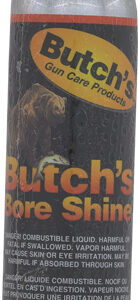 Plastic bottle labeled 'Butch's Bore Shine' gun care product, orange and black label, 8 fl oz.