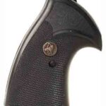 Close-up of a textured handgun grip with a visible screw and curved frame edge.