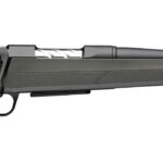 Side profile of a bolt-action rifle with a black synthetic stock and long matte barrel laid horizontally