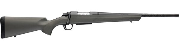 Side profile of a bolt-action rifle with a black synthetic stock and long matte barrel laid horizontally