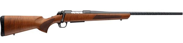 Bolt-action hunting rifle with a polished wooden stock and long black barrel, shown from the left side.