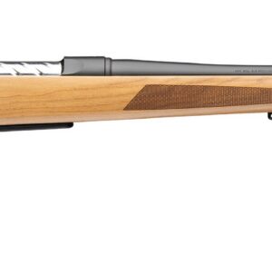 Bolt-action rifle with a light wood stock and long, black barrel viewed side-on for a sporting purpose image