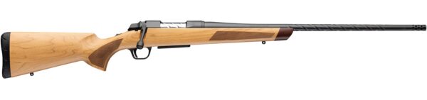 Bolt-action rifle with a light wood stock and long, black barrel viewed side-on for a sporting purpose image