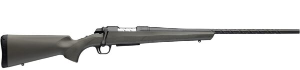Bolt-action rifle with a gray synthetic stock and a long rifled barrel, shown in profile by a shooter’s view.