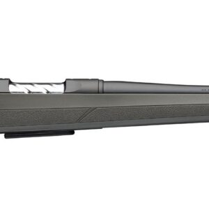 Bolt-action hunting rifle in profile with a grey synthetic stock and a long rifled barrel.