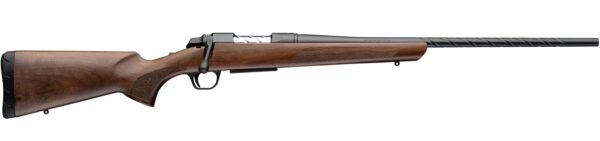 Bolt-action rifle with wooden stock and long black barrel, facing right.