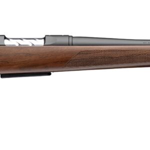 Bolt-action hunting rifle with a wooden stock and long black barrel