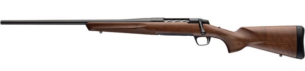 Bolt-action rifle with a polished wooden stock and long barrel, shown in profile.