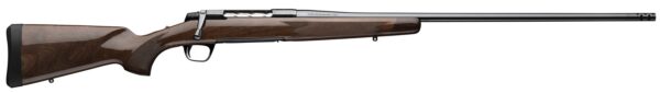 Bolt-action rifle with wooden stock and long blued barrel, shown in side profile with bolt handle visible.