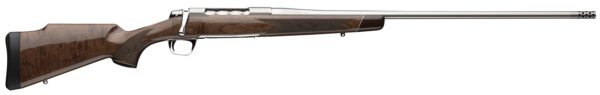 Bolt-action hunting rifle with a polished metal barrel and checkered wooden stock