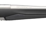Bolt-action hunting rifle with black synthetic stock and long stainless barrel, side view.