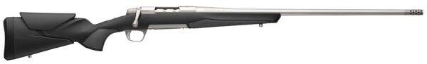 Bolt-action hunting rifle with black synthetic stock and long stainless barrel, side view.