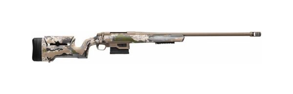Camouflage-patterned bolt-action rifle shown in side view with a long barrel.”