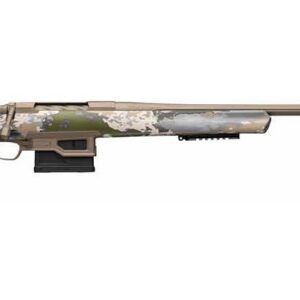 Bolt-action sniper rifle with desert camouflage seen from the side, long barrel visible and black stock pad at the rear.