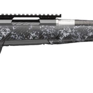 Bolt-action rifle with grey snow camouflage pattern, long barrel and muzzle brake laid horizontally