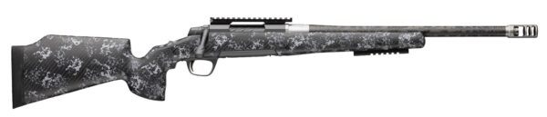 Bolt-action rifle with grey snow camouflage pattern, long barrel and muzzle brake laid horizontally
