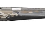 Camouflage-pattern hunting rifle with black buttstock and fore-end, shown in side view.