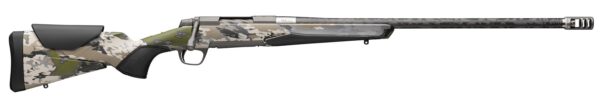 Camouflage-pattern hunting rifle with black buttstock and fore-end, shown in side view.