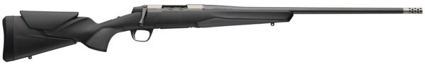 Black long-barreled rifle with synthetic stock shown in a side profile on a white background, rifle aiming to the right.