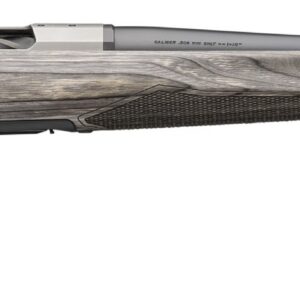 Bolt-action rifle with gray wood-grain stock and long barrel, shown in side profile, ready for hunting.