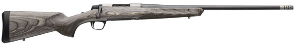Bolt-action rifle with gray wood-grain stock and long barrel, shown in side profile, ready for hunting.