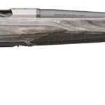 Bolt-action rifle with a gray wood-grain stock and a long barrel, shown in profile from the left side.