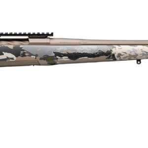 Side view of a camouflage-pattern bolt-action rifle with a long beige barrel and top tactical rail, no scope attached.