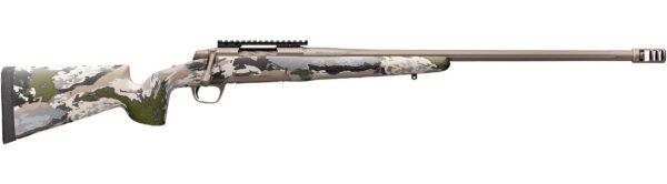 Bolt-action rifle with tan desert camouflage, long barrel and muzzle brake.